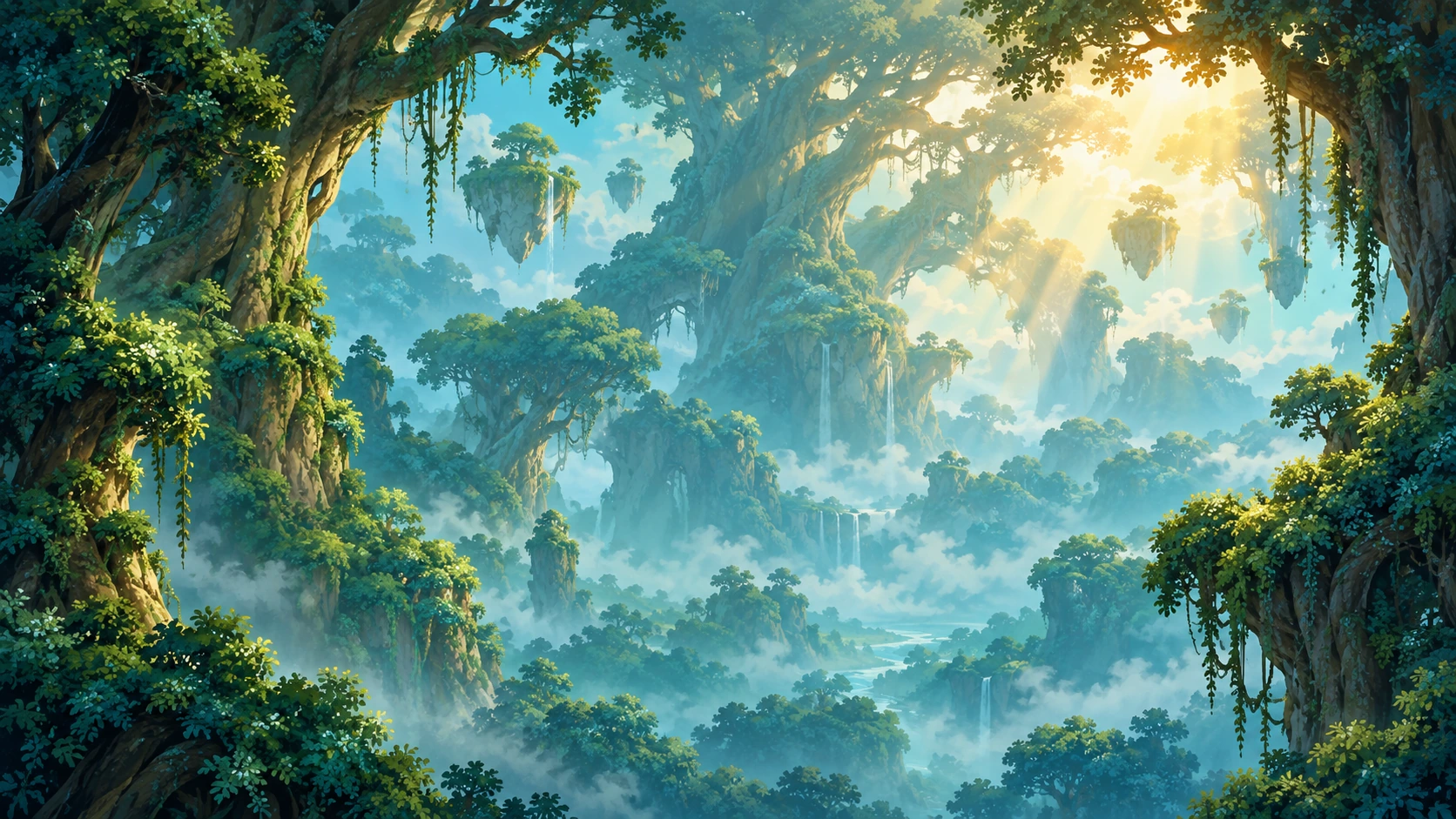 A painterly forest of mossy trees, soft light, and winding paths